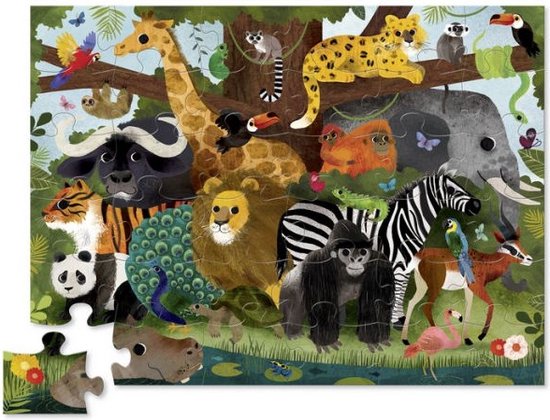 Vloerpuzzel met jungle dieren: leeuw, tijger, olifant, zebra, giraf, flamingo en meer, met één puzzelstukje apart.