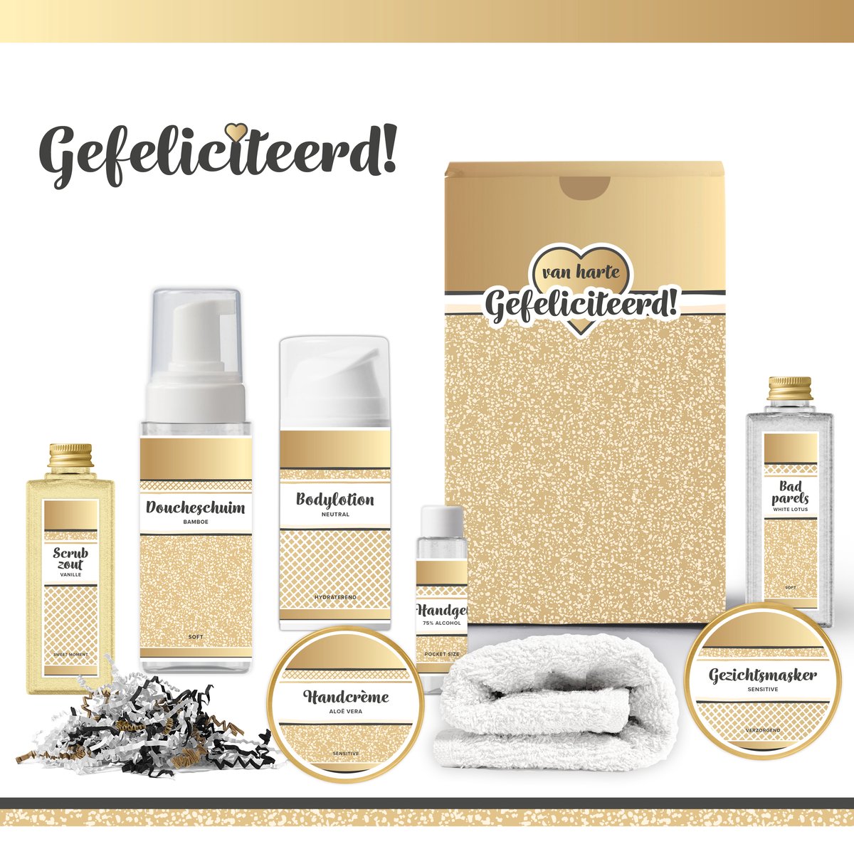 Goedkoopste Geschenkset “Van harte gefeliciteerd!” - 8 producten - 750 gram | Giftset voor haar - Luxe wellness cadeaubox - Cadeau vrouw - Set Verjaardag - Geschenk jarige - Cadeaupakket moeder - Oma - Vriendin - Zus - Verjaardagscadeau - Geslaagd - Goud