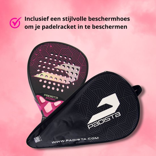 Padista Atomic Padel racket - Padel - 3K Carbon - Roze - Ruwe Oppervlakte - Druppelvorm - Black EVA Foam - Incl. padeltas