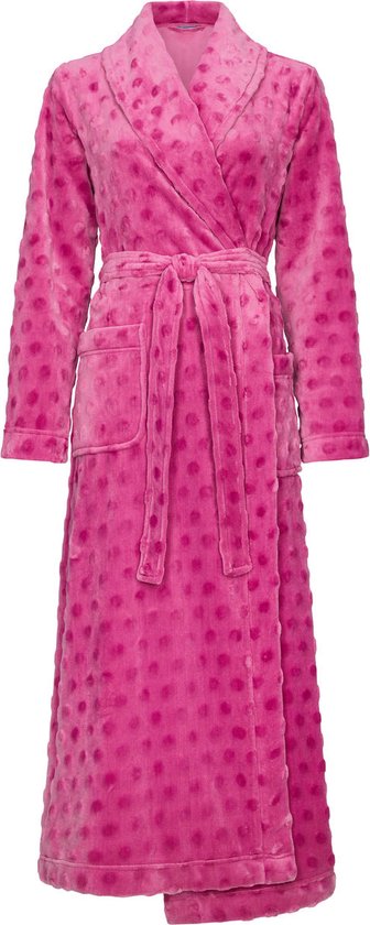 Extra lange, roze, dames overslag badjas van zachte fleece 'dotty circles'