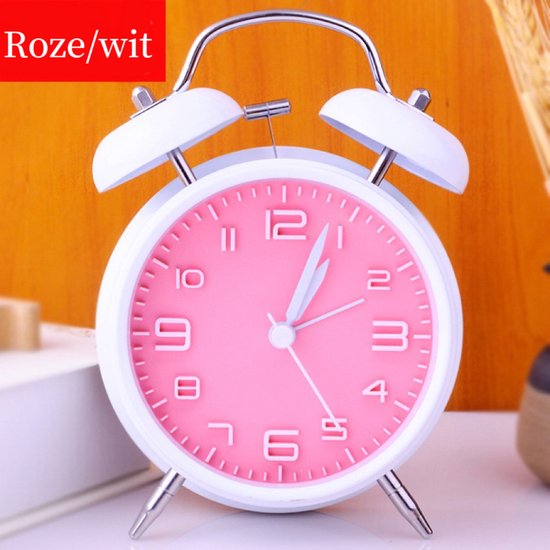 Analoge wekker - Analoge klok - Staande klokken - Stil uurwerk - Met verlichting - Zonder tikgeluid - 4 inch - Roze/wit
