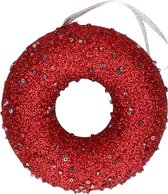 1x Kersthangers figuurtjes kerst rode donut met kraaltjes 10 cm - Kerst rode kerstboomhangers