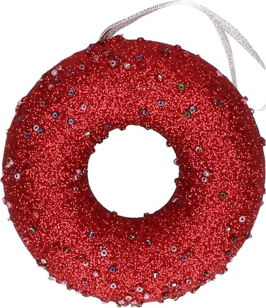 1x Kersthangers figuurtjes kerst rode donut met kraaltjes 10 cm - Kerst rode kerstboomhangers