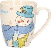 Kerstmok/wintermok sneeuwpop met blauwe muts en sjaal van poreselein 10 cm