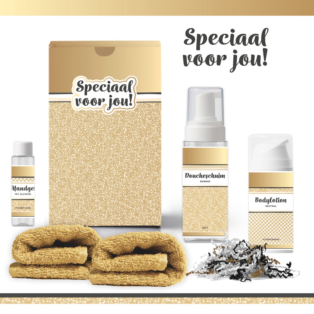Goedkoopste Geschenkset “Speciaal voor jou!” - 5 producten - 400 gram | Luxe Cadeaubox voor haar - Wellness Pakket Vrouw - Verjaardag -Valentijn - Giftset - Beste Vriendin - Zus - Moeder - Cadeaupakket - Collega - Moederdag - Kerstpakket - Kerst Cadeau - Goud