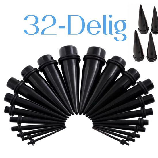 32-Delig-Stretcher set-1.6 mm-t/m 24 mm-Zwart-Acryl-Charme Bijoux