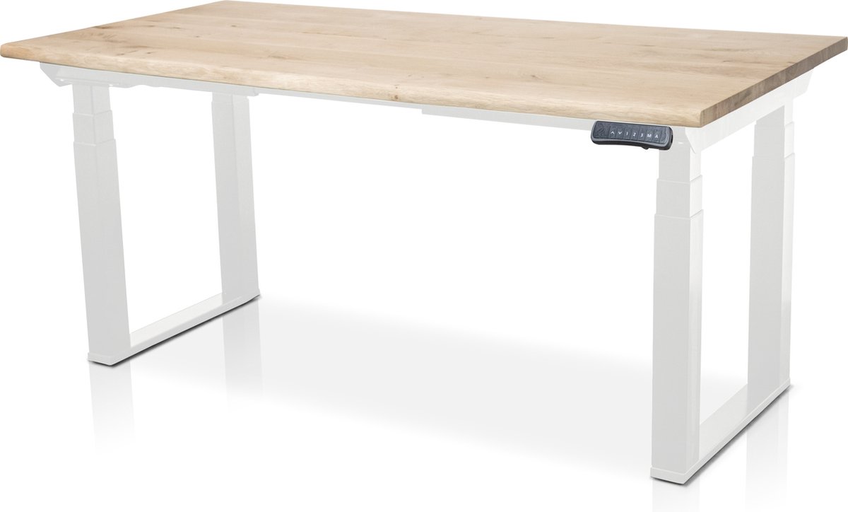 Multi Ratio Zit-sta bureau met massief eiken boomstam blad 120 x 80 cm - MRC PRO Solid NEN-EN 527 - elektrisch verstelbaar - frame wit - 125 cm hoog - 200KG draagvermogen