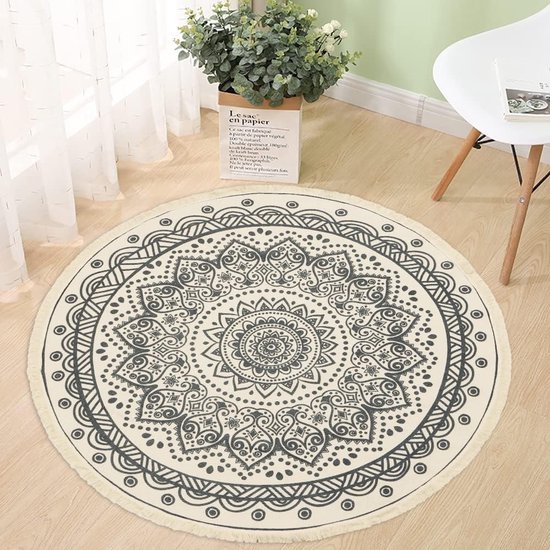 Tapis rond Mandala 120 cm noir gris coton pompon tapis bohème maroc moderne  tapis... | bol