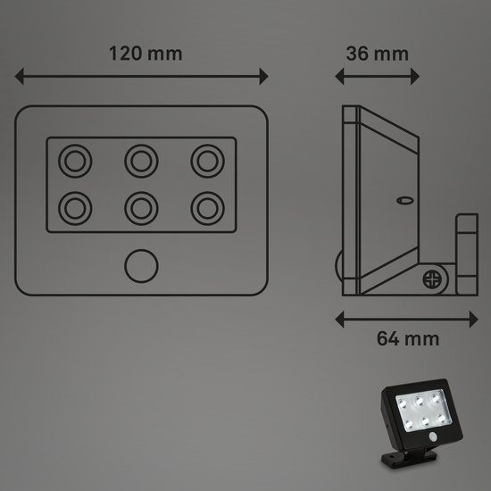 Technische tekening van een zwarte buitenlamp met afmetingen: 120 mm breed, 36 mm diep, 64 mm hoog.