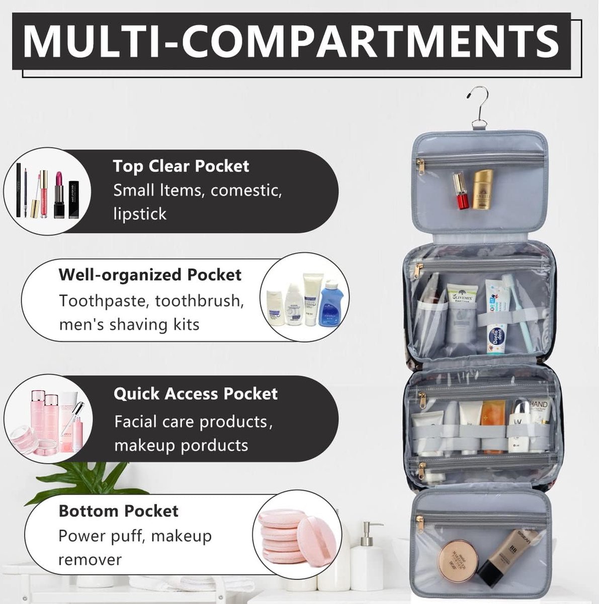 BOACAY Extra Grote Hangende Reistoilettas voor Dames en Heren, Make-Up Tas, Douche- en Wastas, Organizer voor Cosmetica, Benodigdheden, Reisaccessoires BOACAY Extra Grote Hangende Reistoilettas voor Dames en Heren, Make-Up Tas, Douche- en Wastas, Organizer voor Cosmetica, Benodigdheden, Reisaccessoires