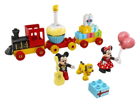 LEGO DUPLO Disney Mickey & Minnie Verjaardagstrein met Mickey, Minnie, Pluto, cadeautjes en een treinstel met taart.