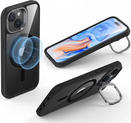 ESR Classic Hybrid HaloLock Coque adaptée pour Apple iPhone 15 – Compatible avec MagSafe – Coque arrière avec support – Béquille pour appareil photo – Zwart transparent