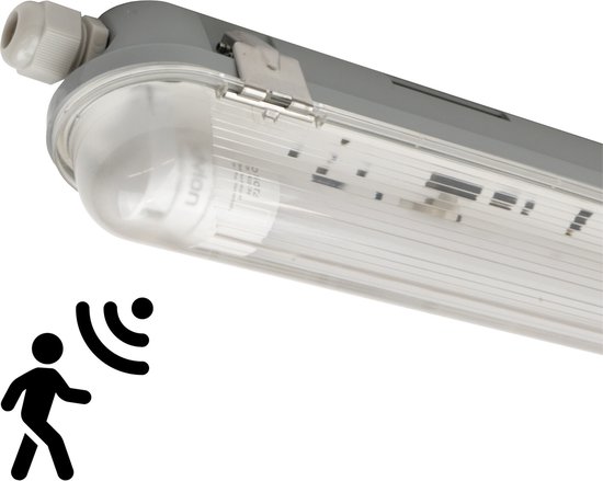 Grijze TL-armatuur met doorzichtige kap en een zwart pictogram van een persoon die beweging detecteert.