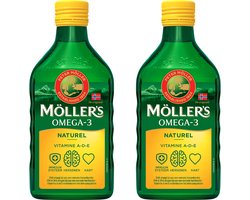 Möller's Omega-3 Levertraan Naturel - 2 x 250ml - Omega-3 visolie - Levertraan vloeibaar - Pure levertraan visolie