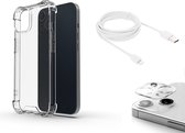 OneOne Camera lens protector, hoesje en oplaadkabel. 1 m universele Lightning USB kabel wit, Shock Corner Case en camera protector van glas zijn volledig transparant. Geschikt voor iPhone 14 + plus.
