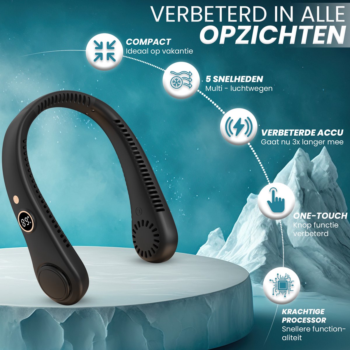 Nekventilator met Display - Nek Ventilator - Nekventilator met Koeling - Neck Fan - Draagbare Nek Ventilator - Gezichtsventilator - Hals Ventilator - Nek Fan - Hoofd Ventilator - Nek Airco - Nek Ventilator Oplaadbaar USB — afbeelding 3