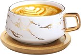 Cappuccino kopjes met schoteltje, 300 ml espressokopjes van porselein voor thee, koffie, cappuccino, koffiekopjes met houten schijf - wit