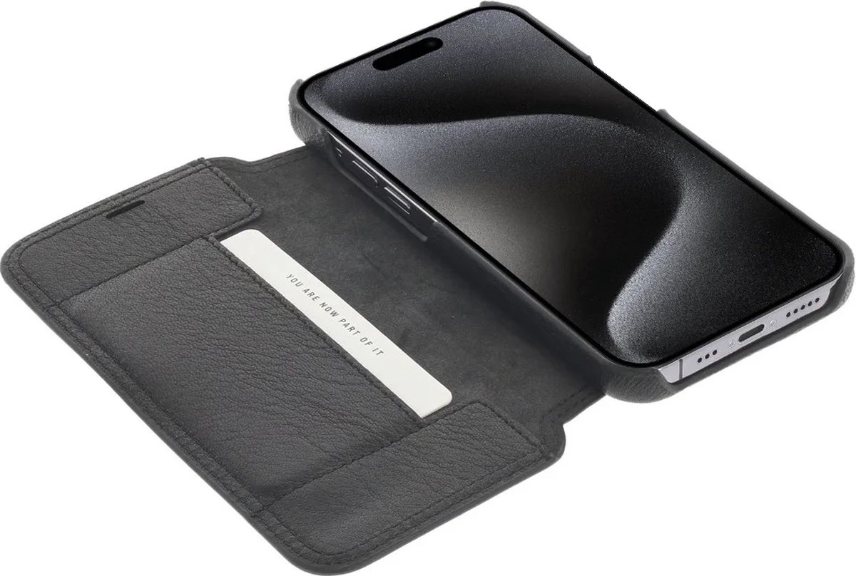 Minim Hoesje Wallet Book Case Echt Leer Zwart Geschikt voor Apple iPhone 15 Plus