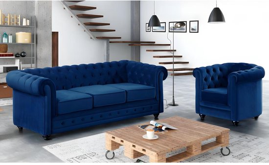 Canapé 3 places et fauteuil CHESTERFIELD - velours - bleu roi L 205 cm x H  72 cm x P 88 cm | bol