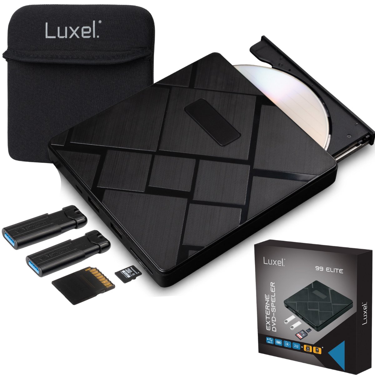 Luxel - Externe DVD en CD speler voor Laptop - Draagbare DVD CD Brander - 99Elite - Zwart - Luxel