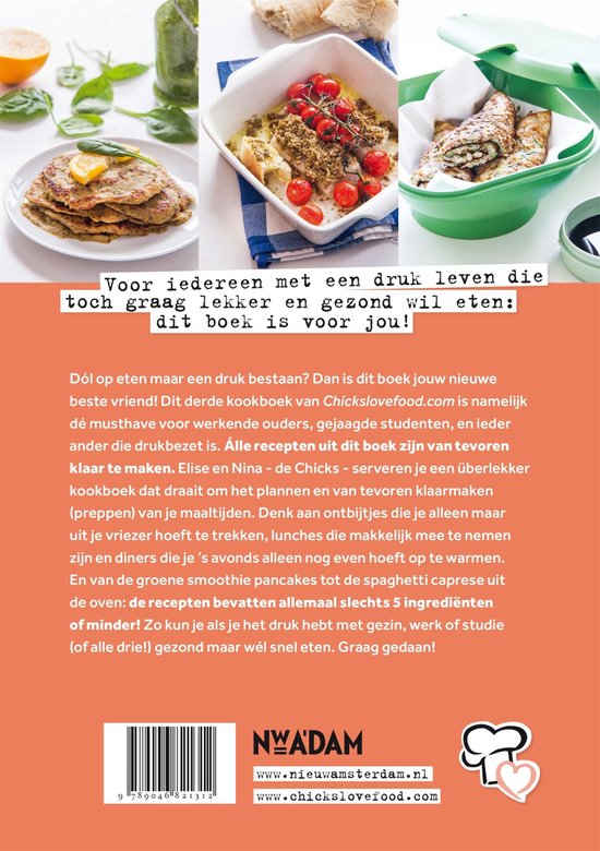Achterkant kookboek Chickslovefood met afbeeldingen van pannenkoeken en ovenschotel.