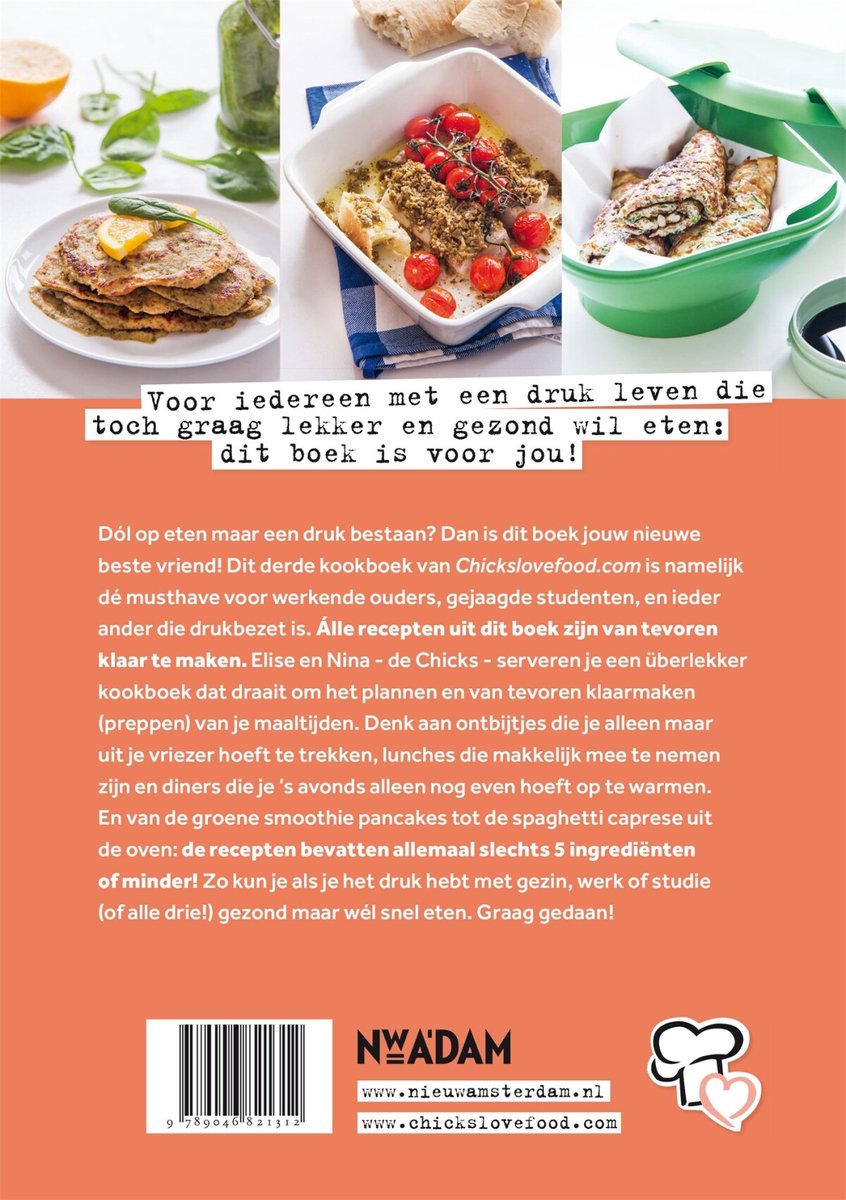 Achterkant kookboek Chickslovefood met afbeeldingen van pannenkoeken en ovenschotel.