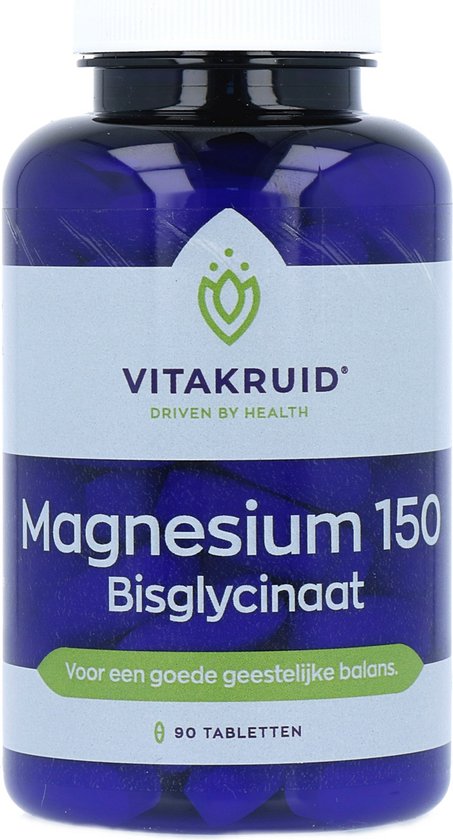 Vitakruid Magnesium 150 Bisglycinaat met 90 tabletten in een donkerblauwe pot.