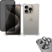 Hoesje geschikt voor iPhone 15 Pro Max + Privé Screenprotector + Beschermglas Camera Lens - Privacy Proteqt+