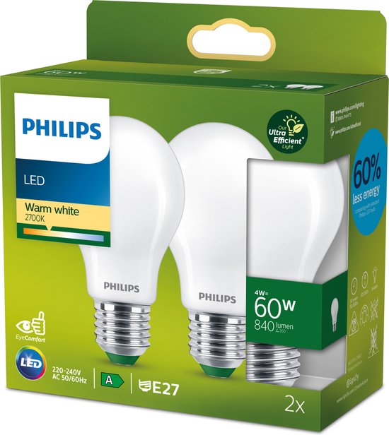 Philips Ultra Efficient LED lamp Mat - 60 W - E27 - Warmwit licht - 2-pack
