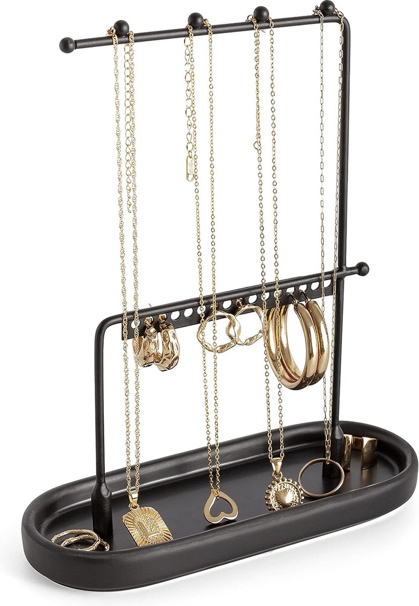 Sieradenstandaard, zwart, sieradenorganizer, sieradenboom van metaal voor kettingen en keramiek sieradenrek voor ringen, oorbellen, armbanden, horloges en accessoires, 17,5 x 7 x 22 cm