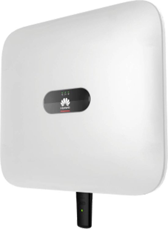 Witte hybride omvormer met zwart logo en groene indicator aan de onderkant.