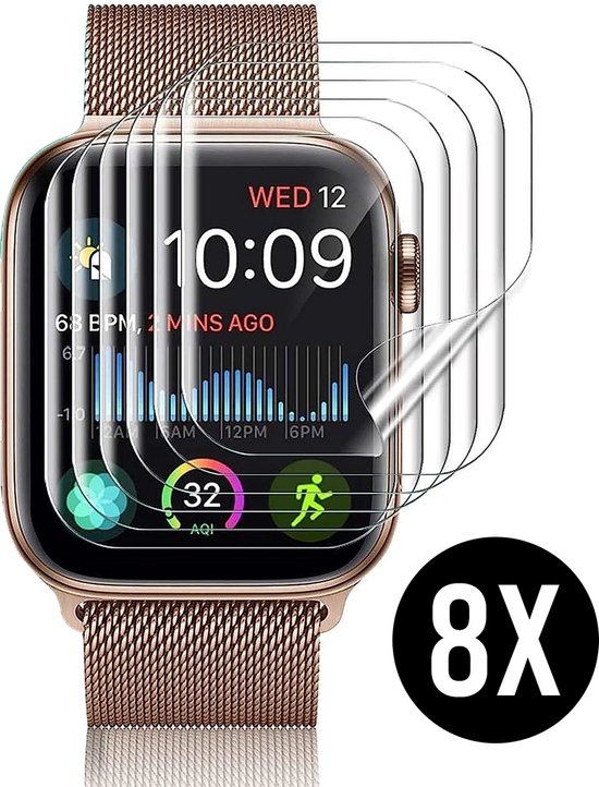 Stapel van 8 screenprotectors over een rosegouden Apple Watch 44mm met Milanese band.