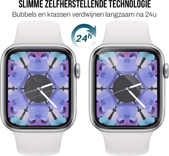 Twee Apple Watches 42mm met identieke wijzerplaat, één met kleine kras, de ander zonder. "Slimme zelfherstellende technologie."