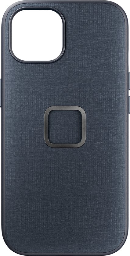 Donkerblauw Peak Design telefoonhoesje met stoffen textuur en magnetische houder.