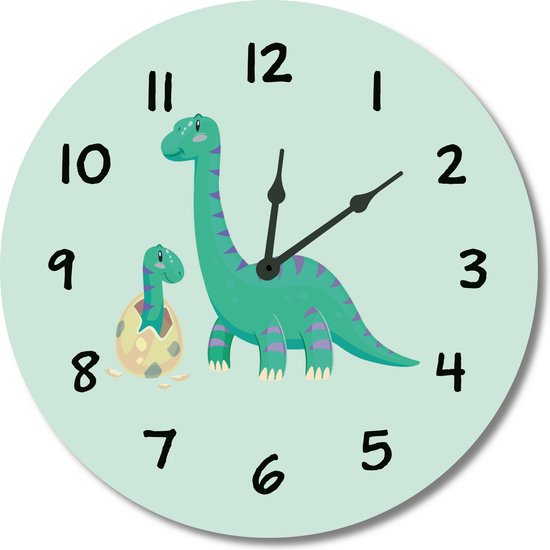 Kinderklok Dino/Dinosaurus mintgroen | STIL UURWERK | dieren wandklok van hout voor kinderkamer en babykamer | decoratie accessoires | jongens en meisjes slaapkamer