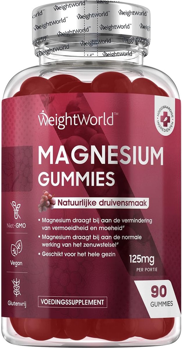 Goedkoopste Magnesium Citraat Gummies - 125 mg - 90 Vegan Gummies - Met Natuurlijke Druivensmaak - Vegan Magnesium Citraat supplement - Alternatief voor Magnesium Citraat, Magnesium Bisglycinaat en Magnesium Glycinaat tabletten - van WeightWorld