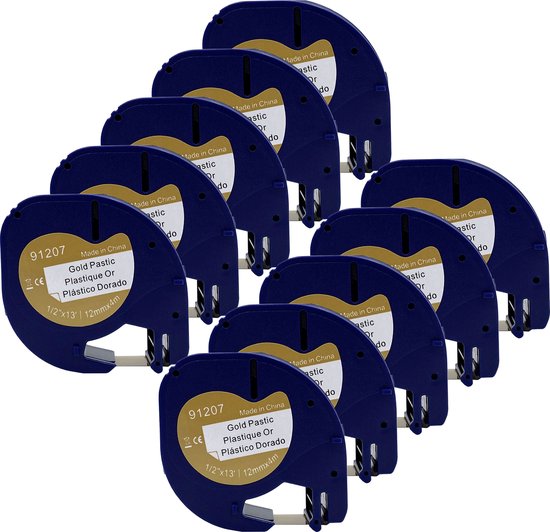 Tien Dymo LetraTag 91207 labelcassettes, 1/2"x13' / 12mmx4m, goud plastic, zwart.