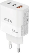 M.TK 65W lader met 2x USB-C en 1x USB-A | 3-poort Oplader 65W/3.25A GaN | USB-C Snelle oplader 65W - Wit kleur