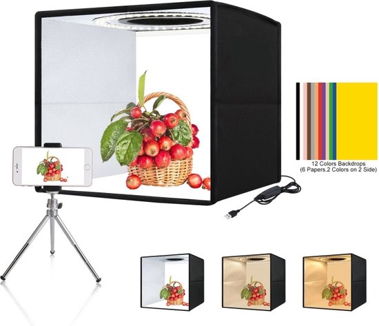 Professionele Fotostudio Box – Fotostudio met LED Verlichting – Opvouwbaar Lightbox – Draagbaar Fotobox – 6 Kleuren Achtergrond – Productfotografie – Achtergrond Fotografie – Fototent – Fotodoos – Softbox – 25x25x25cm Improducts