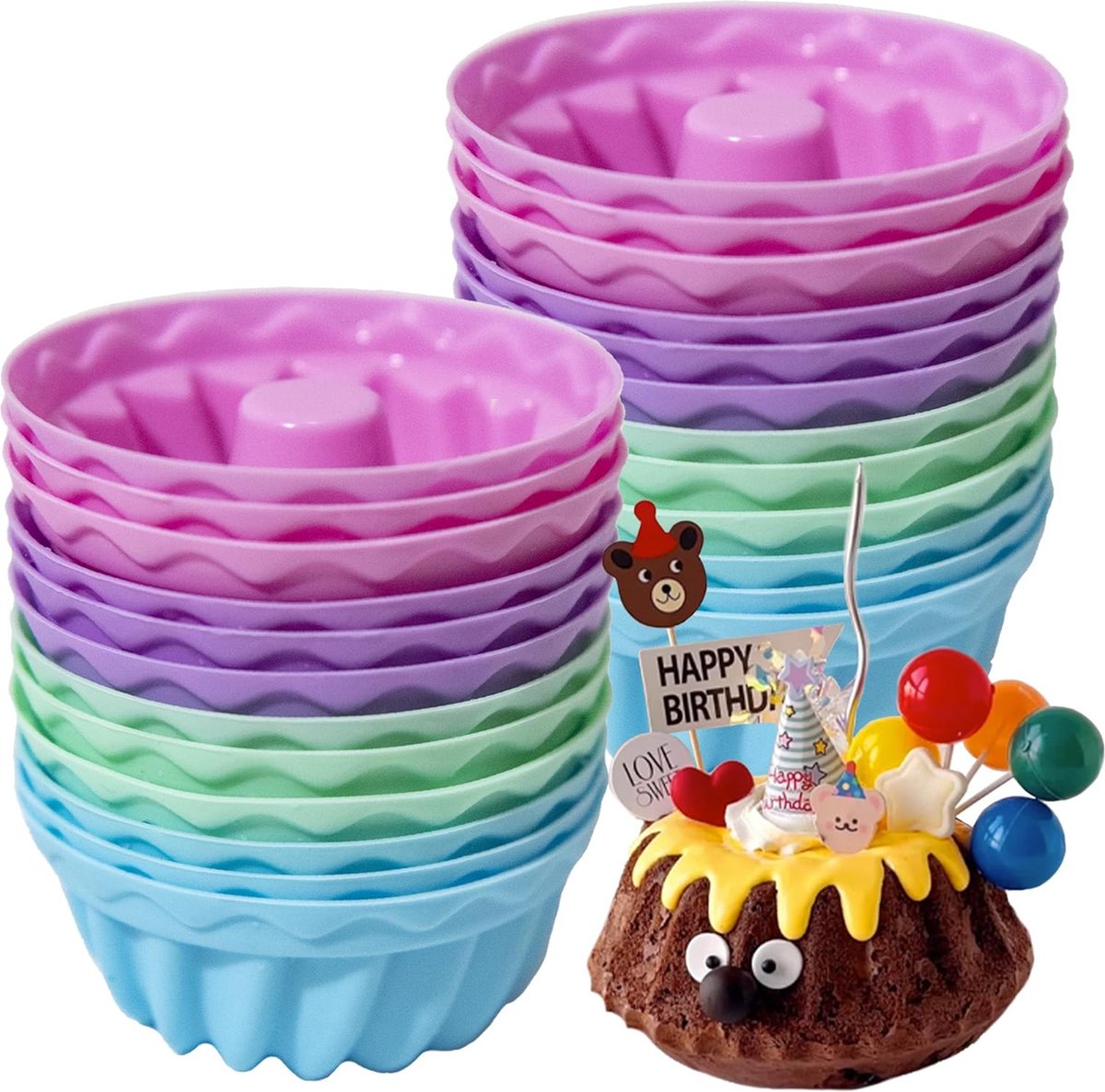 Mini-bundt-cakevorm, siliconen, 24-delig, bundt-cupcake-bakvorm, herbruikbare muffin cupcake, kleine cakevorm, mini-bundt-cake Diameter 6,5 cm, hoogte 3,5 cm (roze-24-set)