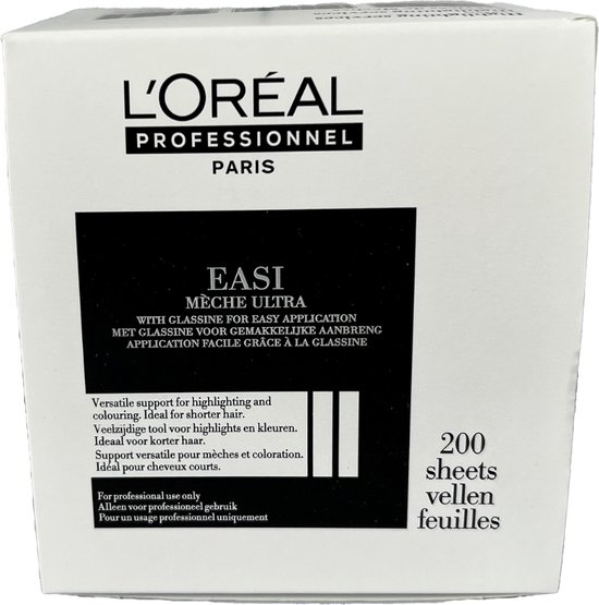 Boîte blanche L'Oréal Professionnel Easi Mèche Ultra avec texte et 200 feuilles.