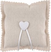 Ringkussen Natural Heart beige met 2 lintjes om de ringen aan vast te maken - ringkussen - jute - trouwen - huwelijk - trouwring