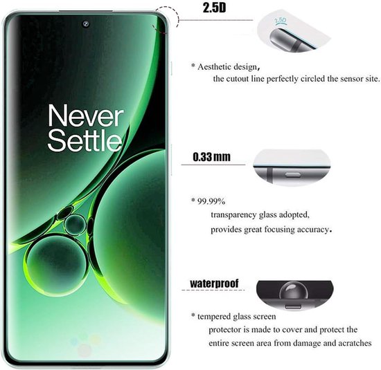 Smartphone met 'Never Settle'. Details van de screenprotector: 2.5D, 0.33 mm, 99.99% transparant en waterdicht.
