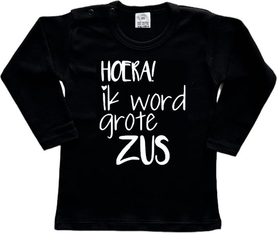 Shirt Aankondiging zwangerschap Ik word grote zus | lange mouw | Zwart/wit | maat 92 zwangerschap aankondiging bekendmaking Baby big sis sister