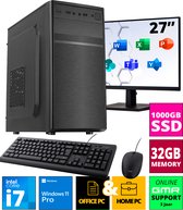 Intel Desktop PC SET 27" met Core i7 - 32GB RAM - 1000GB SSD - WiFi - Bluetooth - Windows 11 Pro - Inclusief Muis & Toetsenbord & Monitor
