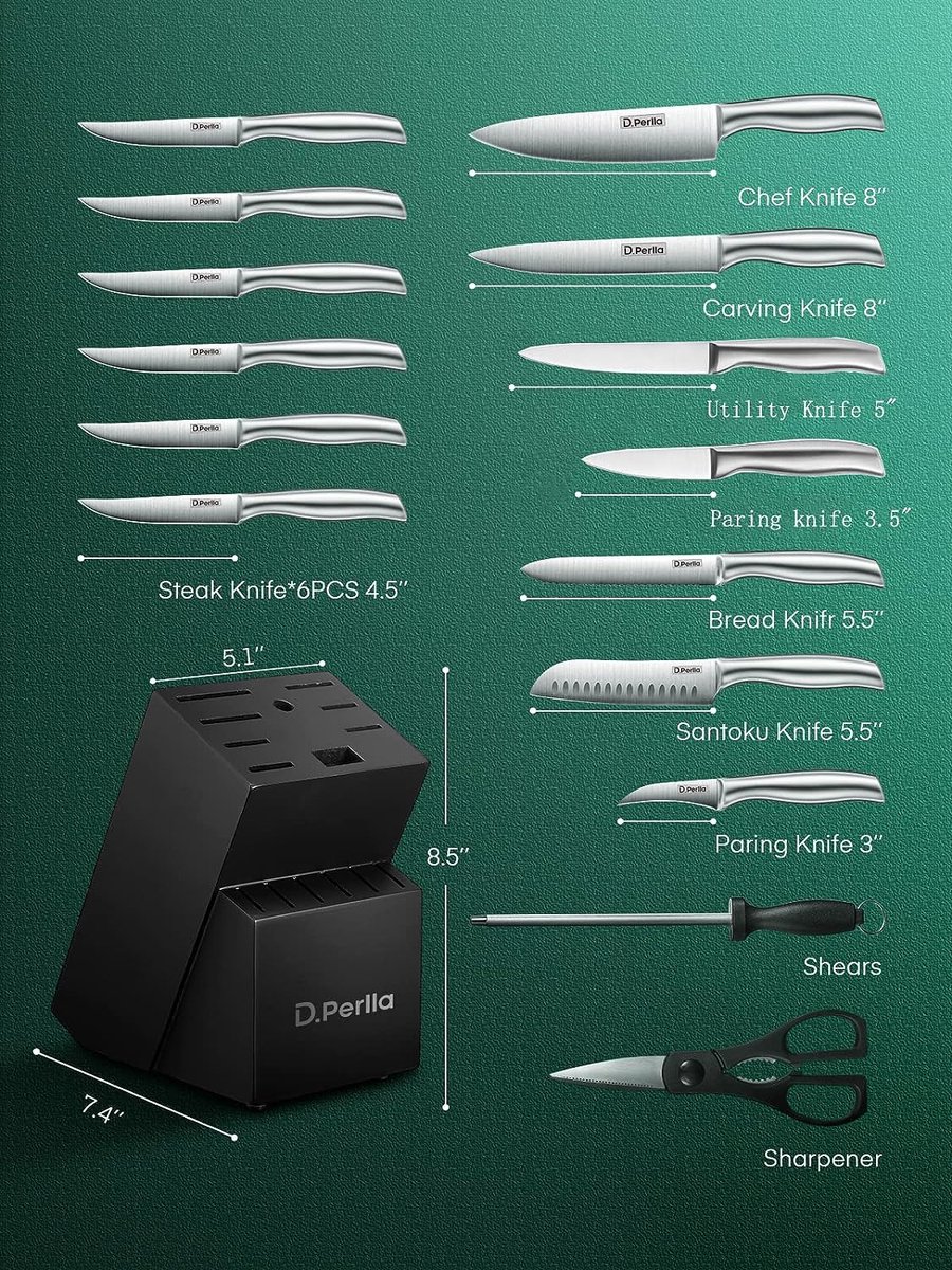 D.Perlla Couteaux de Cuisine, Set Couteau de Cuisine 16 Pièces en Acier  Inoxydable, Bloc de Couteaux Professionnel avec Support en Bois :  : Cuisine et Maison