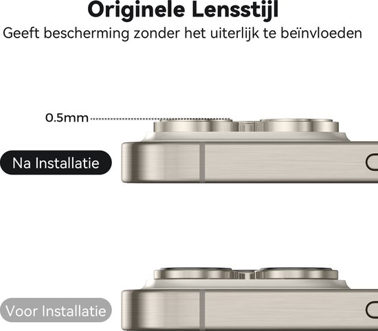 Vergelijking van de dikte van een champagnekleurige telefoon met en zonder cameralensbeschermers. "Originele lensstijl"