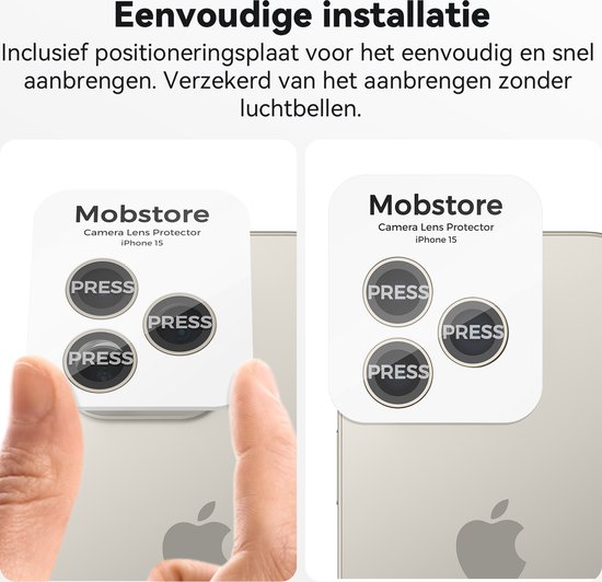 Twee afbeeldingen die de eenvoudige installatie van Mobstore cameralensbeschermers voor iPhone 15 laten zien met een positioneringshulp.