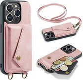 Casemania Hoesje Geschikt voor Apple iPhone 15 Pro Pale Pink - Luxe Back Cover met Koord - Wallet Case - Pasjeshouder
