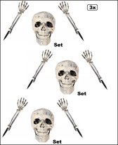 3x Set d'Halloween Crâne de crâne avec mâchoire mobile et 2x bras squelette sur brochette - Fête à thème Halloween effrayante, visite fantôme, party effrayante